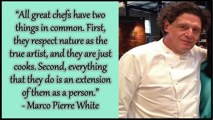 Quotes and words of wisdom from famous top chefs that can be applied to both the kitchen and life, “All great chefs have two things in common. First, they respect nature as the true artist, and they are just cooks. Second, everything that they do is an extension of them as a person.” - Marco Pierre White