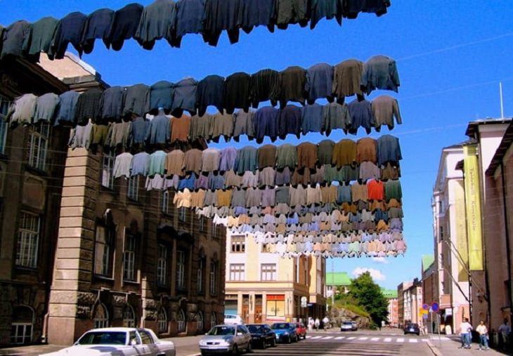 Unique and unconventional statues, sculptures and art installments made from a variety of different materials, Shadow, an art installation using laundry, created by Kaarina Kaikkonen