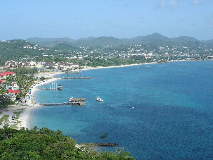 Beaches, festivals, cultural celebrations, world heritage sites, mountains, nature and wildlife, and other must see sights in Saint Lucia, windward islands, caribbean sea, Gros Islet and Rodney Bay, as seen from the top of Pigeon Island