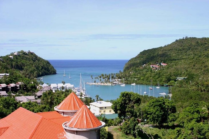 Beaches, festivals, cultural celebrations, world heritage sites, mountains, nature and wildlife, and other must see sights in Saint Lucia, windward islands, caribbean sea, Marigot Bay, on the western coast of the Island