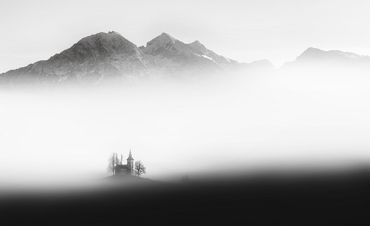 Winners of the 2019 Monochrome Photography Competition, 2nd Place Winner, Landscapes Discovery of the Year, Amateur, Floating church, By Ales Krivec from Slovenia