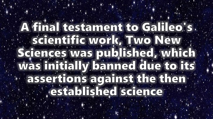 A chronological timeline of the discoveries, inventions, and other achievements and contributions of Galileo Galilei to modern science, 1638, the Two New Sciences