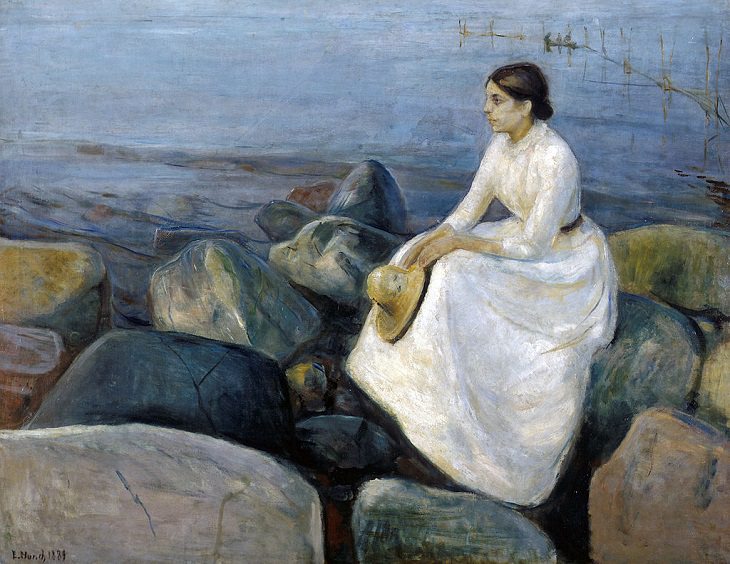 Lesser known Impressionist and naturalist paintings by expressionist artist Edvard Munch, and creator of the iconic painting “The Scream”, Summer night, Inger on the beach, 1889