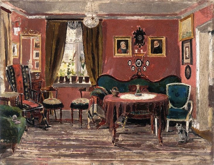 Lesser known Impressionist and naturalist paintings by expressionist artist Edvard Munch, and creator of the iconic painting “The Scream”, The Living-Room of the Misses Munch in Pilestredet 61, 1881