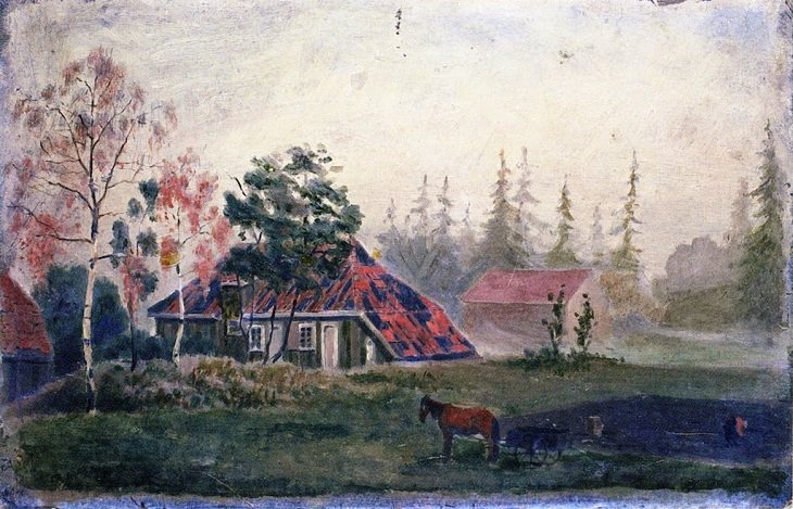 Lesser known Impressionist and naturalist paintings by expressionist artist Edvard Munch, and creator of the iconic painting “The Scream”, Horse and Wagon in front of Farm Buildings, 1880