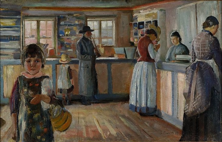 Lesser known Impressionist and naturalist paintings by expressionist artist Edvard Munch, and creator of the iconic painting “The Scream”, At the General Store in Vrengen, 1888