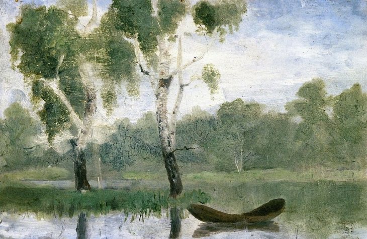 Lesser known Impressionist and naturalist paintings by expressionist artist Edvard Munch, and creator of the iconic painting “The Scream”, Small Lake with Boat, 1880