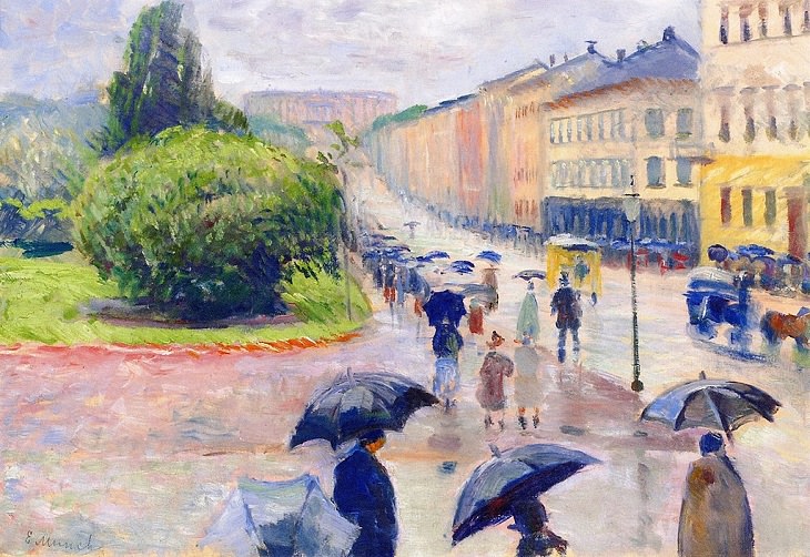 Lesser known Impressionist and naturalist paintings by expressionist artist Edvard Munch, and creator of the iconic painting “The Scream”, Karl Johan in the Rain, 1891