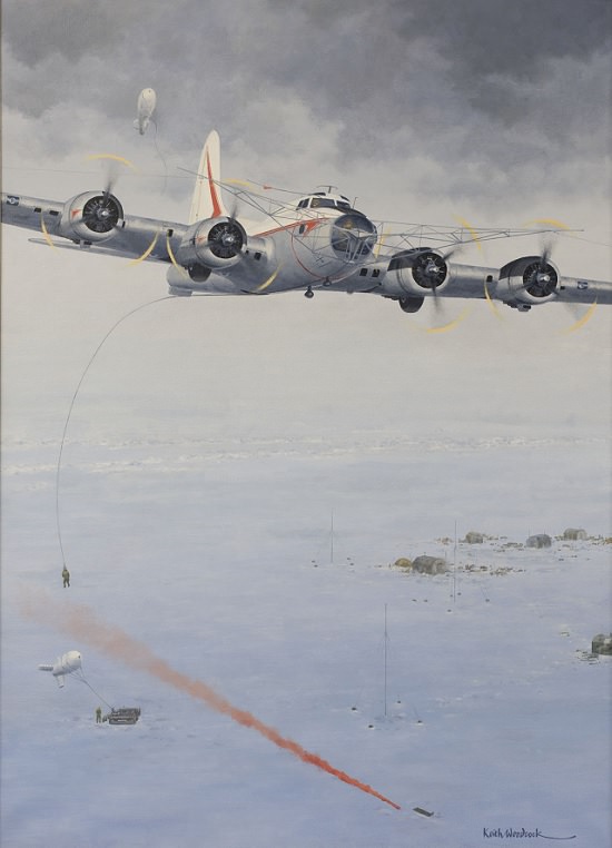 Paintings in the CIA's Intelligence Fine Arts Collection depicting different moments in the CIA's history including covert missions and vital wartime operations, Seven Days in the Arctic by Keith Woodcock, Oil on Canvas, 2007