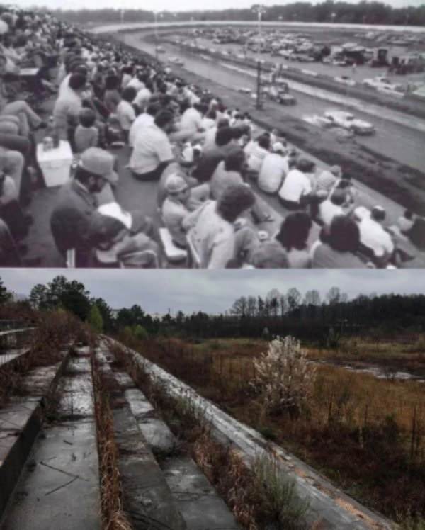 Photographs showing greenery, flowers, plants and trees growing over man-made objects, depicting times when nature won the battle against civilization, A former race track now slowly becoming a garden