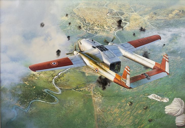 Paintings in the CIA's Intelligence Fine Arts Collection depicting different moments in the CIA's history including covert missions and vital wartime operations, Earthquake’s Final Flight, by Jeffrey W. Bass, Oil on Canvas, 2006