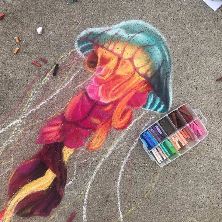 3-D chalk art by Jan Riggins and her teenage daughter Olivia, colorful jellyfish