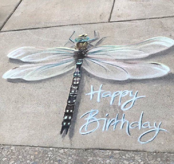 3-D chalk art by Jan Riggins and her teenage daughter Olivia, dragon fly, happy birthday