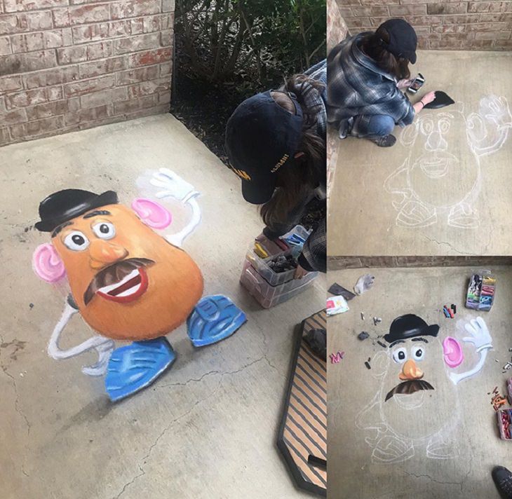 3-D chalk art by Jan Riggins and her teenage daughter Olivia, Mr. Potato-Head
