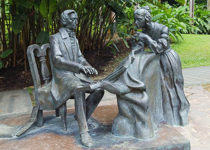 The many beautiful flowers, sights, attractions and exhibits in the natural oasis Singapore Botanic Garden, Monument to pianist Frédéric Chopin, south of Symphony Lake