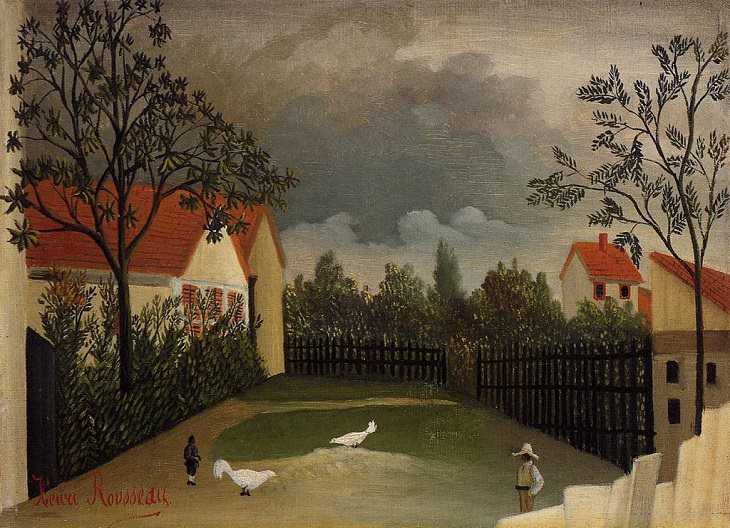 Impressionist, Naive and primitive style paintings from 19th Century French Artist Henri Rousseau, known for his jungle scenes, landscapes and still-lifes, Der Hühnerhof (The Chicken Yard), 1896-1898, now in the Musée National D'Art Moderne, Paris