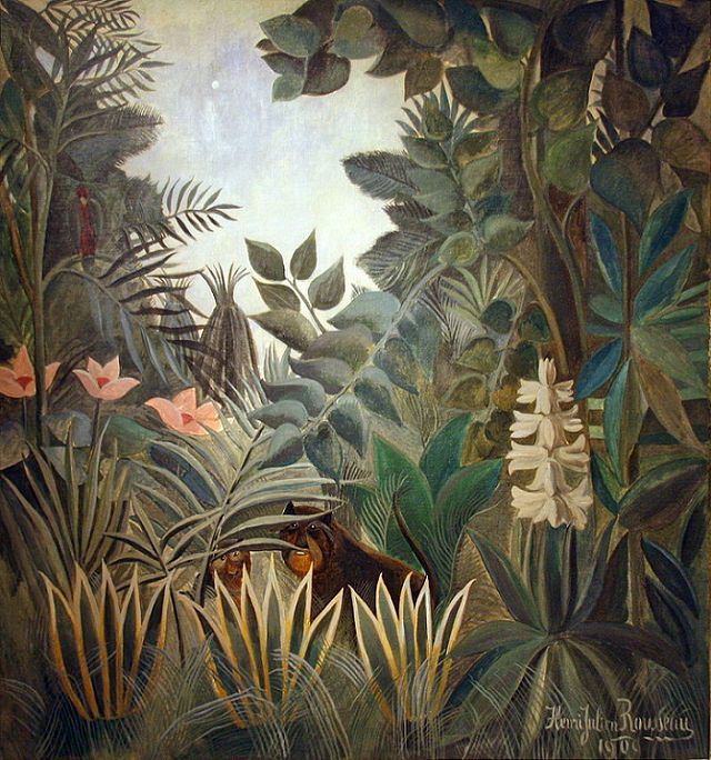 Impressionist, Naive and primitive style paintings from 19th Century French Artist Henri Rousseau, known for his jungle scenes, landscapes and still-lifes, The Equatorial Jungle, 1909, now in the National Gallery of Art, Washington, D. C.
