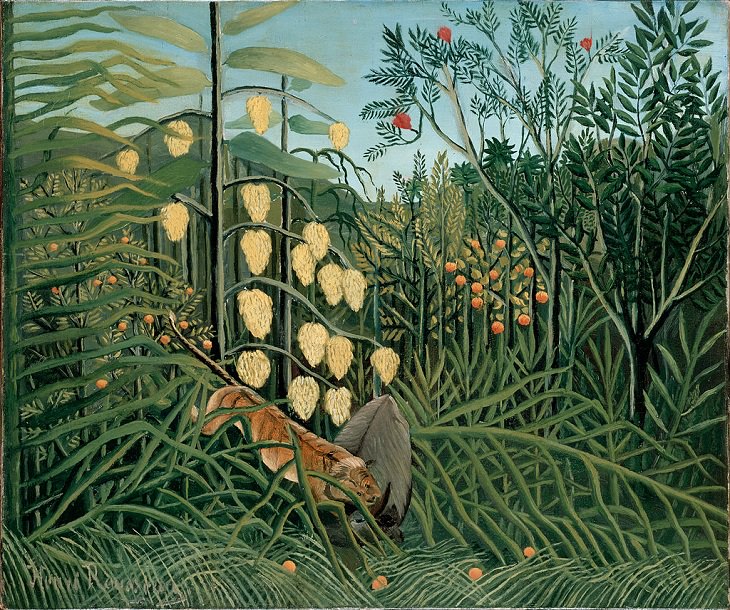 Impressionist, Naive and primitive style paintings from 19th Century French Artist Henri Rousseau, known for his jungle scenes, landscapes and still-lifes, Struggle Between Tiger and Bull, 1908-1909, now in the Musée de l'Ermitage, Saint Pétersbourg, Russia
