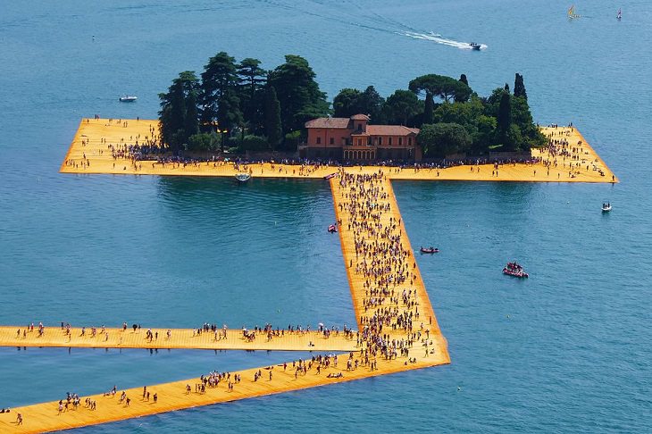 The incredible unique and monumental works of of wrapped art by Christo and Jeanne Claude, a tribute to Artist Christo who died 1st June, 2020, The Floating Piers at the island of San Paolo, installed in 2016