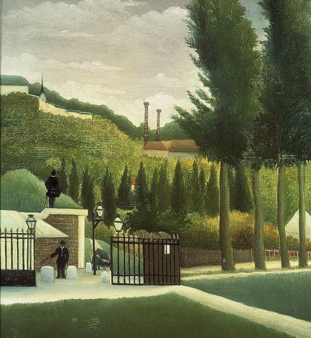 Impressionist, Naive and primitive style paintings from 19th Century French Artist Henri Rousseau, known for his jungle scenes, landscapes and still-lifes, The Customs Post, 1890, now in the Courtauld Institute and Art Gallery, London