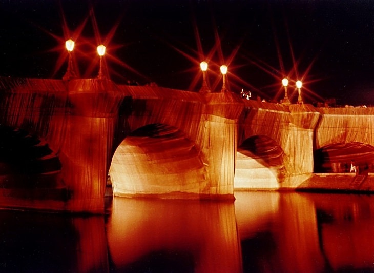 The incredible unique and monumental works of of wrapped art by Christo and Jeanne Claude, a tribute to Artist Christo who died 1st June, 2020, Pont Neuf Wrapped, Paris, 1985