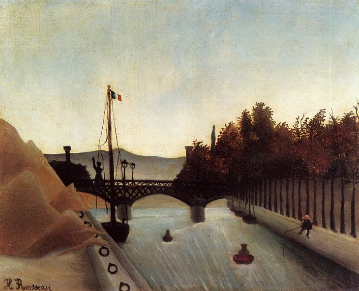 Impressionist, Naive and primitive style paintings from 19th Century French Artist Henri Rousseau, known for his jungle scenes, landscapes and still-lifes, Footbridge at Passy, 1895, now in a private collection