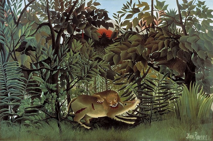 Impressionist, Naive and primitive style paintings from 19th Century French Artist Henri Rousseau, known for his jungle scenes, landscapes and still-lifes, The Hungry Lion Throws Itself on the Antelope, 1905, now in the Fondation Beyeler, Riehen, Basel, Switzerland