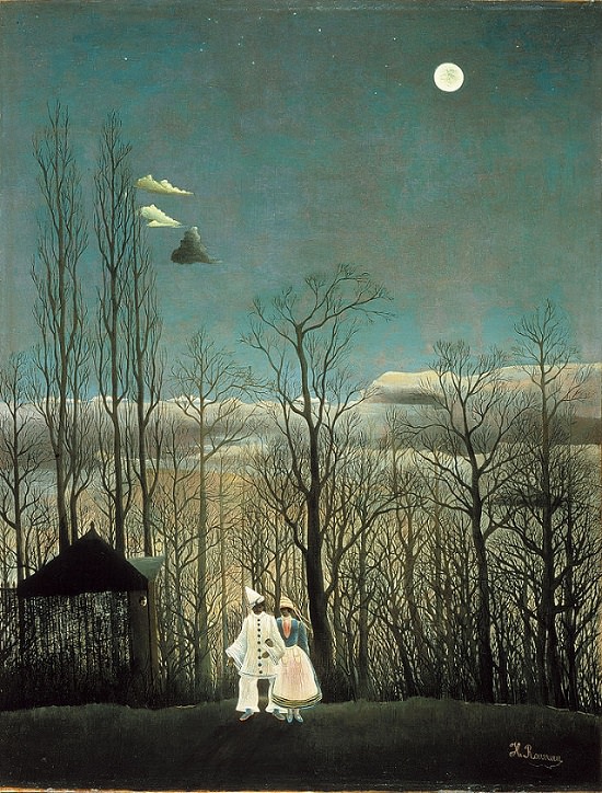 Impressionist, Naive and primitive style paintings from 19th Century French Artist Henri Rousseau, known for his jungle scenes, landscapes and still-lifes, A Carnival Evening, 1886, now in the Philadelphia Museum of Art