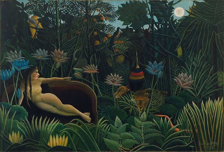 Impressionist, Naive and primitive style paintings from 19th Century French Artist Henri Rousseau, known for his jungle scenes, landscapes and still-lifes, The Dream, 1910, now in the Museum of Modern Art (MoMA), New York City, NY, US