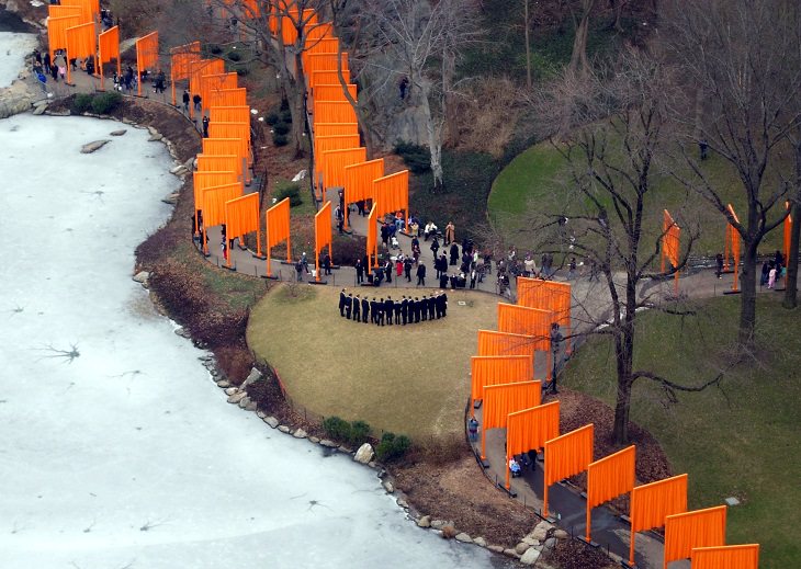 The incredible unique and monumental works of of wrapped art by Christo and Jeanne Claude, a tribute to Artist Christo who died 1st June, 2020, The Gates at Central Park, New York City, 2005