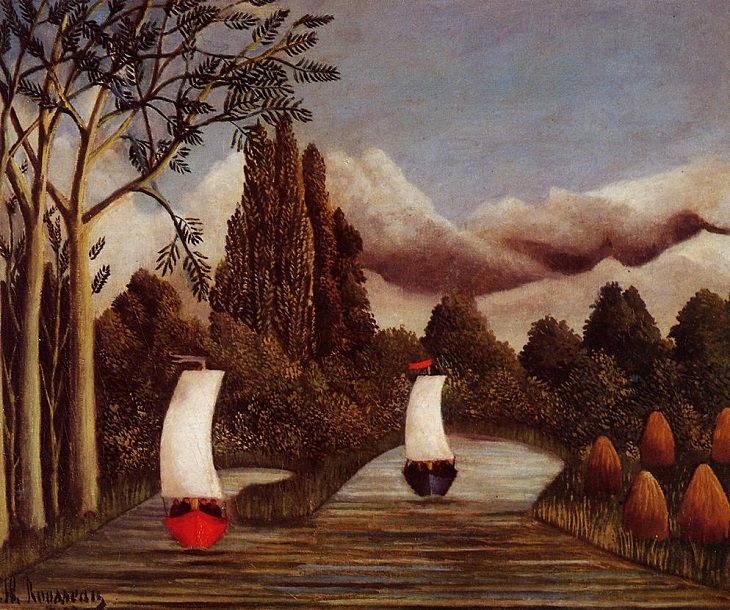 Impressionist, Naive and primitive style paintings from 19th Century French Artist Henri Rousseau, known for his jungle scenes, landscapes and still-lifes, Banks of the Oise, 1905, now in the Smith College Museum of Art (SCMA), Northampton, Massachusetts