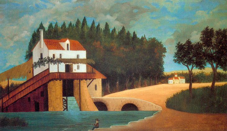 Impressionist, Naive and primitive style paintings from 19th Century French Artist Henri Rousseau, known for his jungle scenes, landscapes and still-lifes, Le Moulin (The Mill), 1896, now in the Musée Maillol, Paris