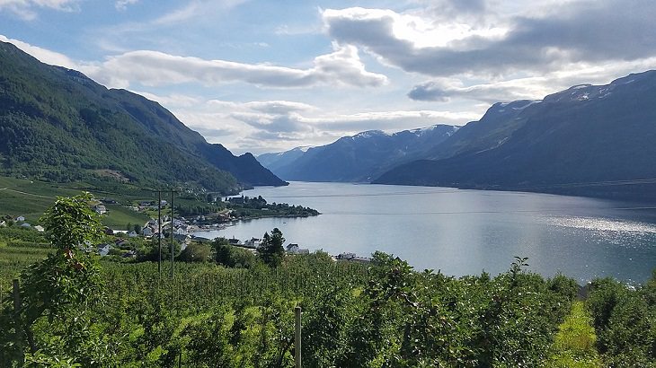 Sights from the popular hiking trail to the rock formation and cliff Trolltunga, near the town of Odda in Norway, The cliff also overlooks the traditional district of Hardanger