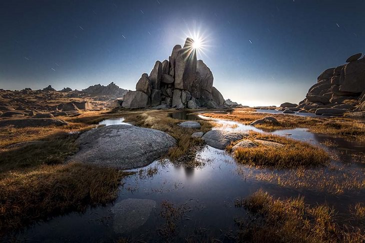 Shortlisted entries and finalists for the David Malin Awards in Astronomy photography, also known as astrophotography, held during the 2019 AstroFest of the Central West Astronomical Society, along with CSIRO, "Moonrise in the Snowy Mountains", By Jan Breckwoldt, Category: Nightscapes