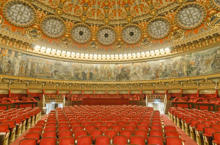 Photographers from travel photographer Richard Silver of the interiors of historic theaters, opera houses and centers for performing arts, taken from the stage, The Romanian Atheneum, Bucharest, Romania