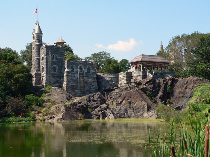 Buildings, attractions, statues, monuments, tributes and memorials found in New York City’s Central Park, Belvedere Castle, containing numerous exhibit rooms and an observation deck, the exterior of which made numerous appearances in Sesame Street!