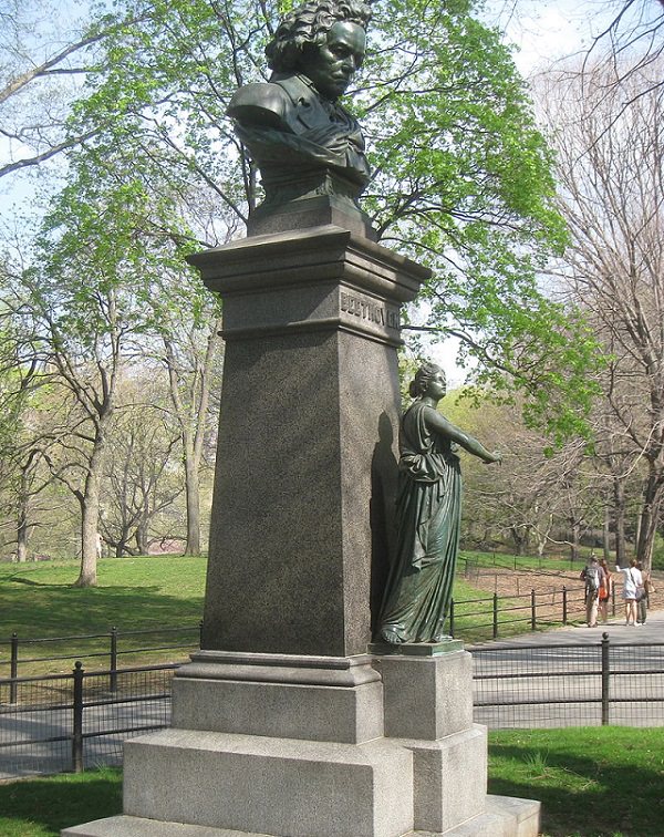 Buildings, attractions, statues, monuments, tributes and memorials found in New York City’s Central Park, The Beethoven Memorial (Bust of Ludwig van Beethoven), located in the Central Park Mall