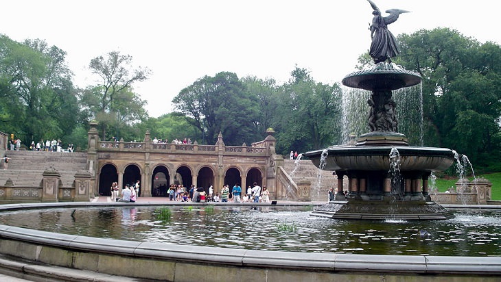 Buildings, attractions, statues, monuments, tributes and memorials found in New York City’s Central Park, Bethesda Terrace (behind) and Bethesda Fountain, with the Angel of the Waters statue atop