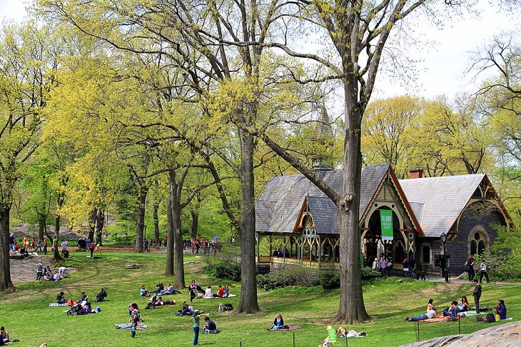 Buildings, attractions, statues, monuments, tributes and memorials found in New York City’s Central Park, The Dairy, one of the Parks many visitors centers, located south of the 65th Street transverse road