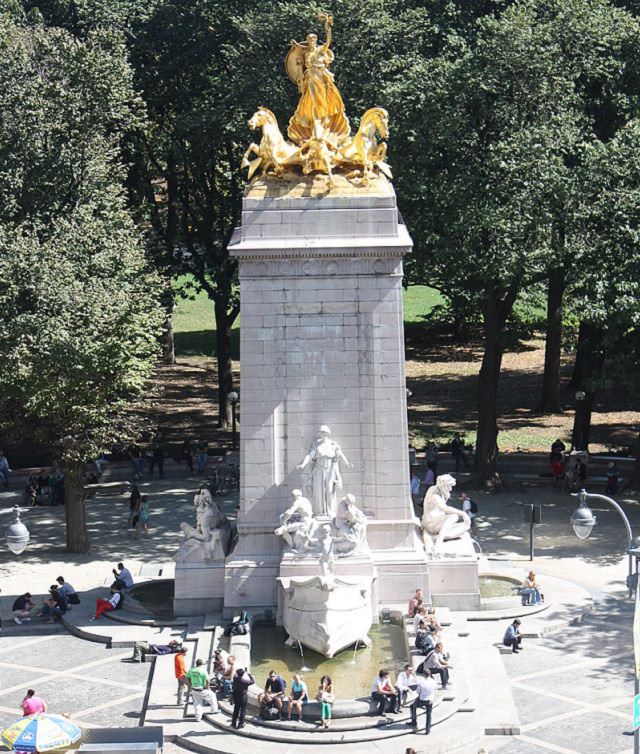 Buildings, attractions, statues, monuments, tributes and memorials found in New York City’s Central Park, USS Maine National Monument, located in front of the Parks Merchant’s Gate entrance at Columbus Circle