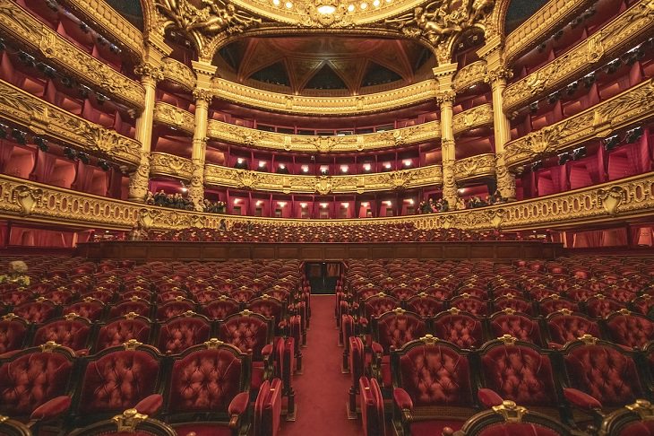 Photographers from travel photographer Richard Silver of the interiors of historic theaters, opera houses and centers for performing arts, taken from the stage, Paris Opera House, Paris, France