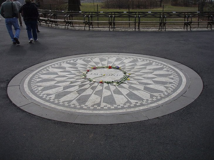 Buildings, attractions, statues, monuments, tributes and memorials found in New York City’s Central Park, Strawberry Fields Memorial (the John Lennon Memorial), located at West 72nd Street & Terrace Drive