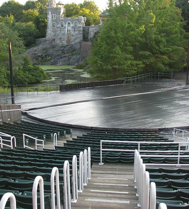 Buildings, attractions, statues, monuments, tributes and memorials found in New York City’s Central Park, The Delacorte Theater, a 1,800-seat open-air theater, setting of the regular Shakespeare in the Park productions, located close to the Parks entrance at the intersection of 81st street & Central Park West