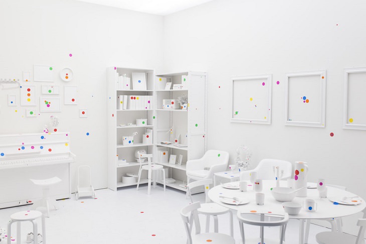 Paintings, artwork, installations and exhibitions created by Yayoi Kasuma, 91 year old Japanese Abstract Impressionist Artist, Obliteration Room, inspired by Infinity Room, 2015
