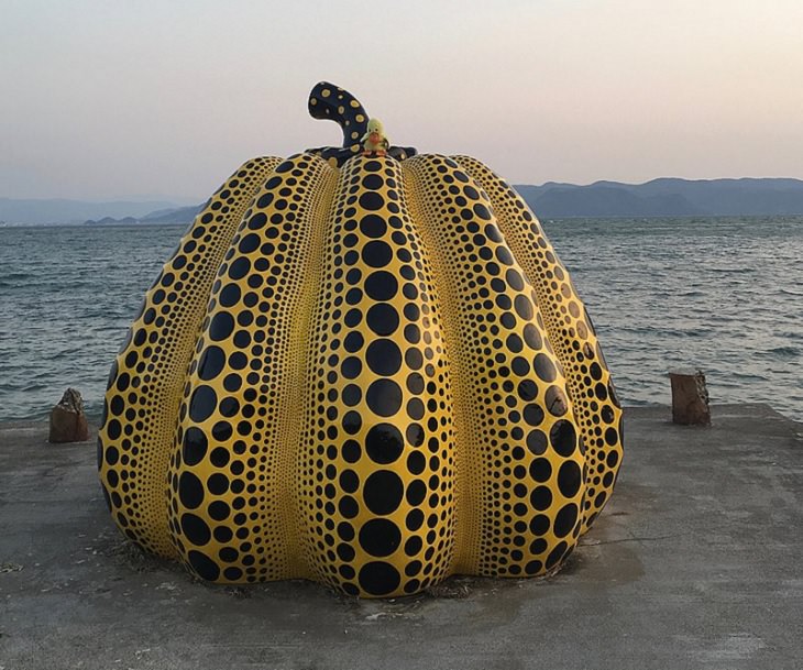 Paintings, artwork, installations and exhibitions created by Yayoi Kasuma, 91 year old Japanese Abstract Impressionist Artist, Yellow Pumpkin, Naoshima, Japan, 2018