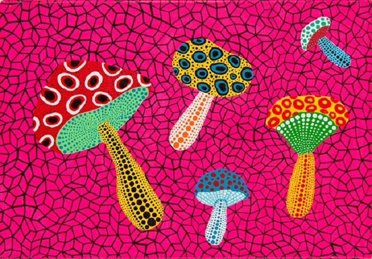 Paintings, artwork, installations and exhibitions created by Yayoi Kasuma, 91 year old Japanese Abstract Impressionist Artist, Mushrooms, 1995