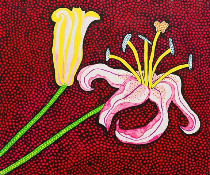 Paintings, artwork, installations and exhibitions created by Yayoi Kasuma, 91 year old Japanese Abstract Impressionist Artist, Ready to Blossom in the Morning, 1989