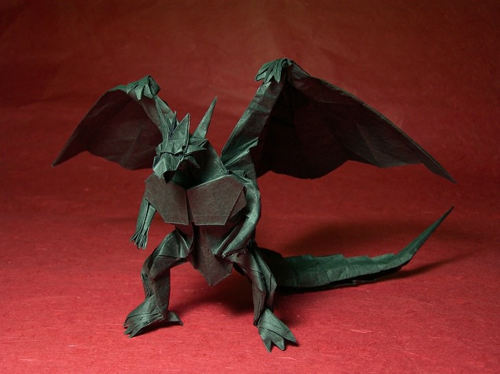 Origami animals, real and mythological, designed by Japanese origami expert Satoshi Kamiya, Bahamut the sea monster