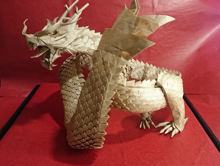 Origami animals, real and mythological, designed by Japanese origami expert Satoshi Kamiya, Dragon