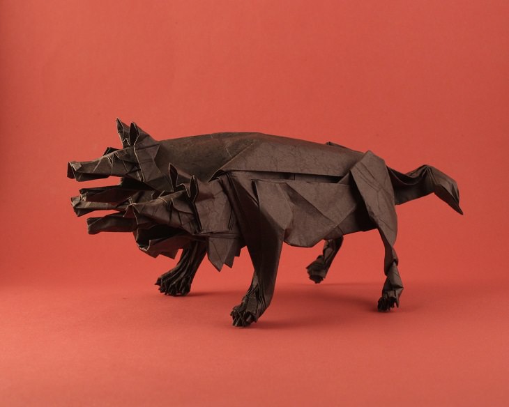 Origami animals, real and mythological, designed by Japanese origami expert Satoshi Kamiya, Cerberus, the Three Headed Dog guarding the gates of the Underworld in Greek Mythology